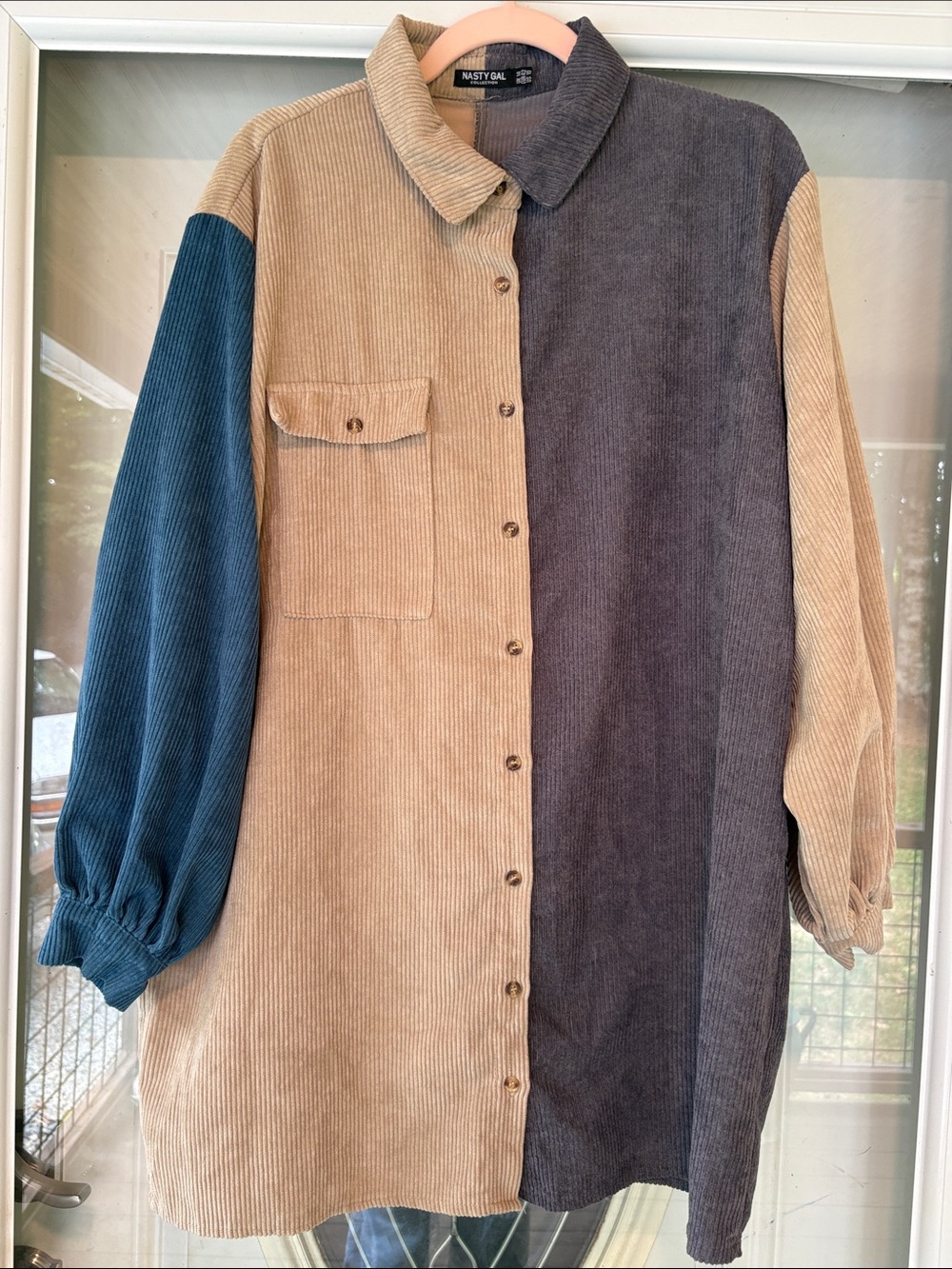 Nasty Gal Corduroy Colorblock Button-Down Shirt Jacket in Tan, Charcoal & Teal